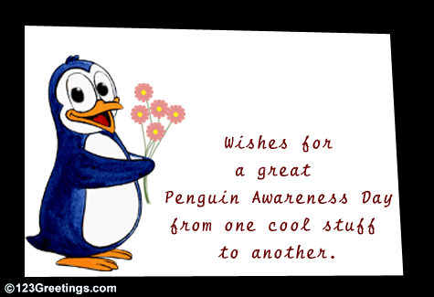 Happy penguin awareness day blue penguin and flowers